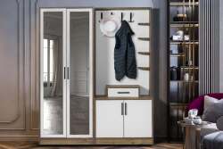 Loft 2 (İKİ) Kapılı Krem Ceviz sol Aynalı Elbise Askılığı Kapaklı Ayakkabılık, Vestiyer, Portmanto - Moderniya Mobilya
