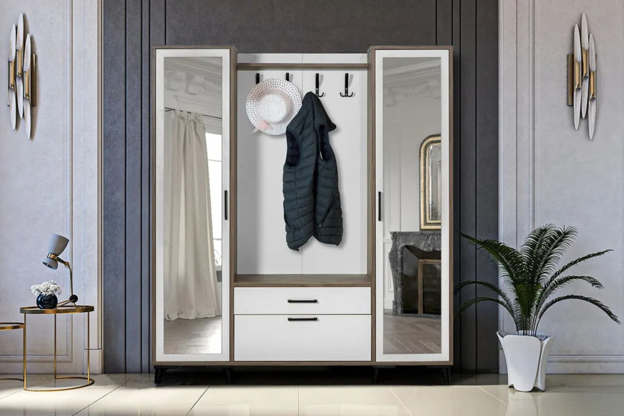 Lotus 2 (İKİ) Kapılı Aynalı Kapaklı Elbise Askılığı, Ayakkabılık, Vestiyer, Portmanto - 1